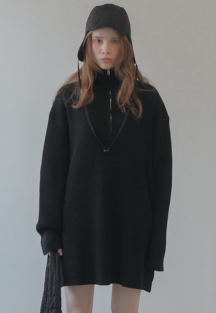 unisex wool blend high-neck knit zip-up- black