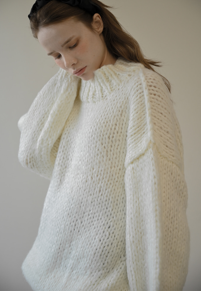 fluffy mohair wool blend handmade knit-snow ivory