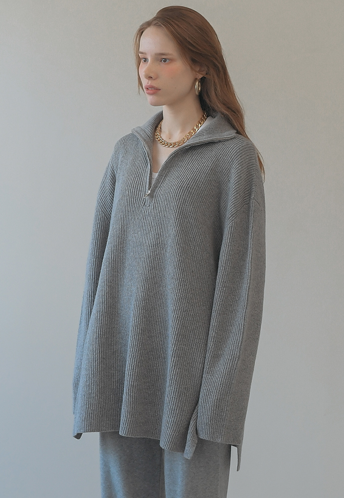unisex wool blend high-neck knit zip-up- basic gray