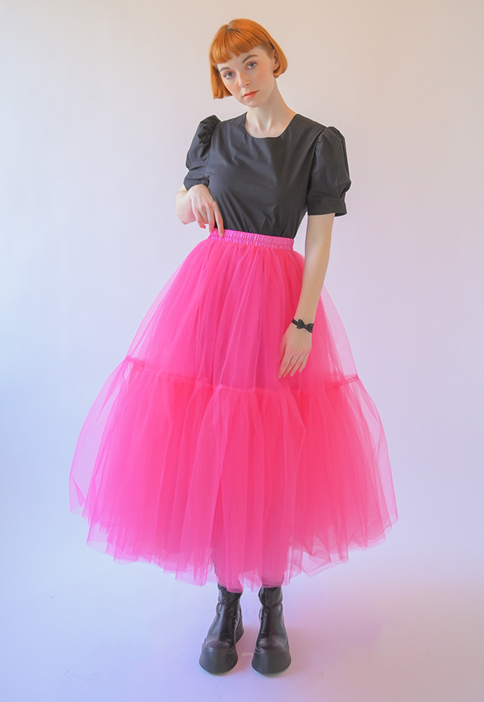Dandelion tutu lace long lack skirt-hot pink