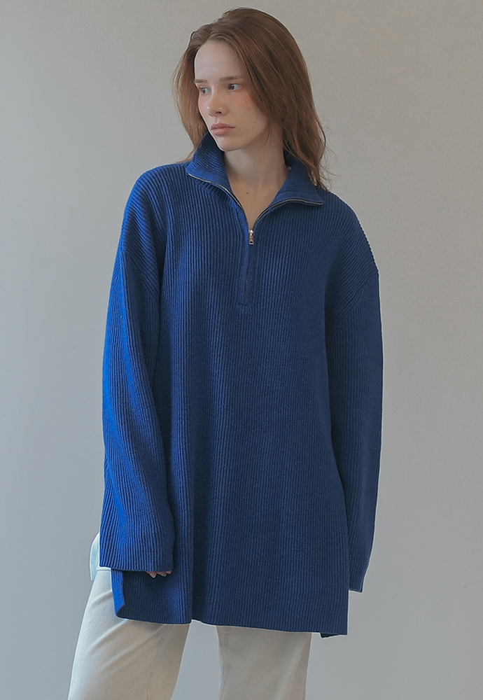 unisex wool blend high-neck knit zip-up- cobalt blue