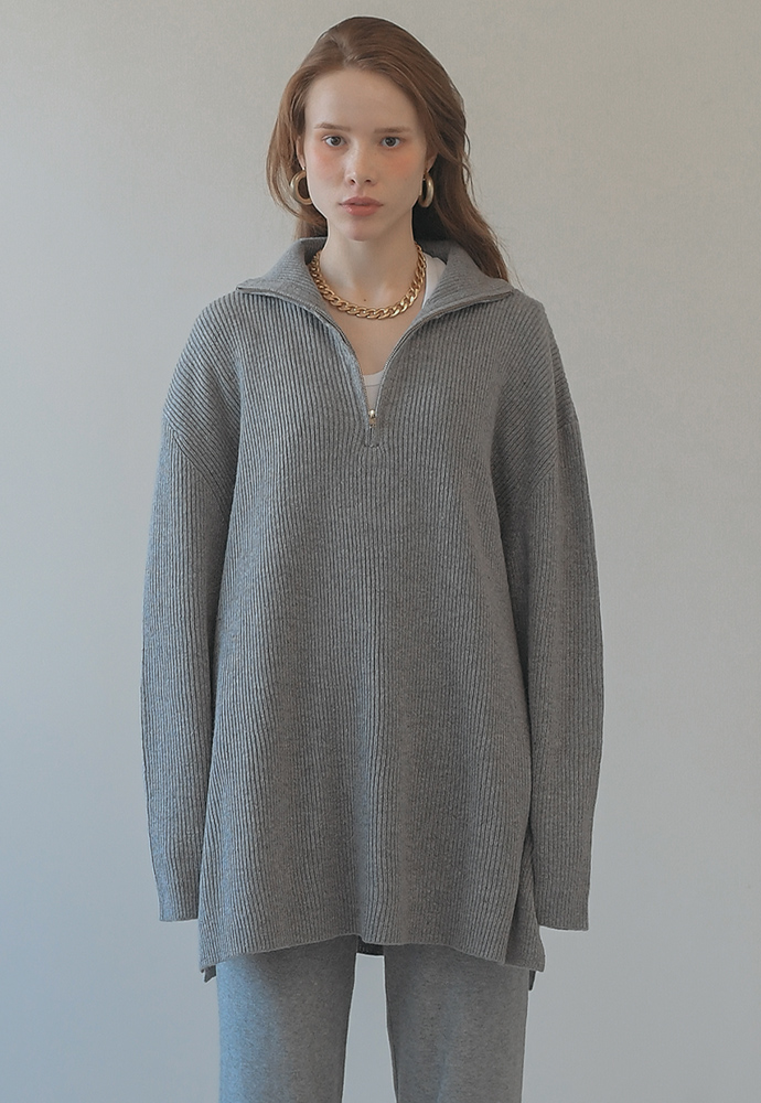 unisex wool blend high-neck knit zip-up- basic gray